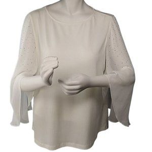 CHICO'S WOMENS SIZE 2 WHITE BLOUSE TOP STUDDED SHEER SLEEVES ELEGANT TUNIC